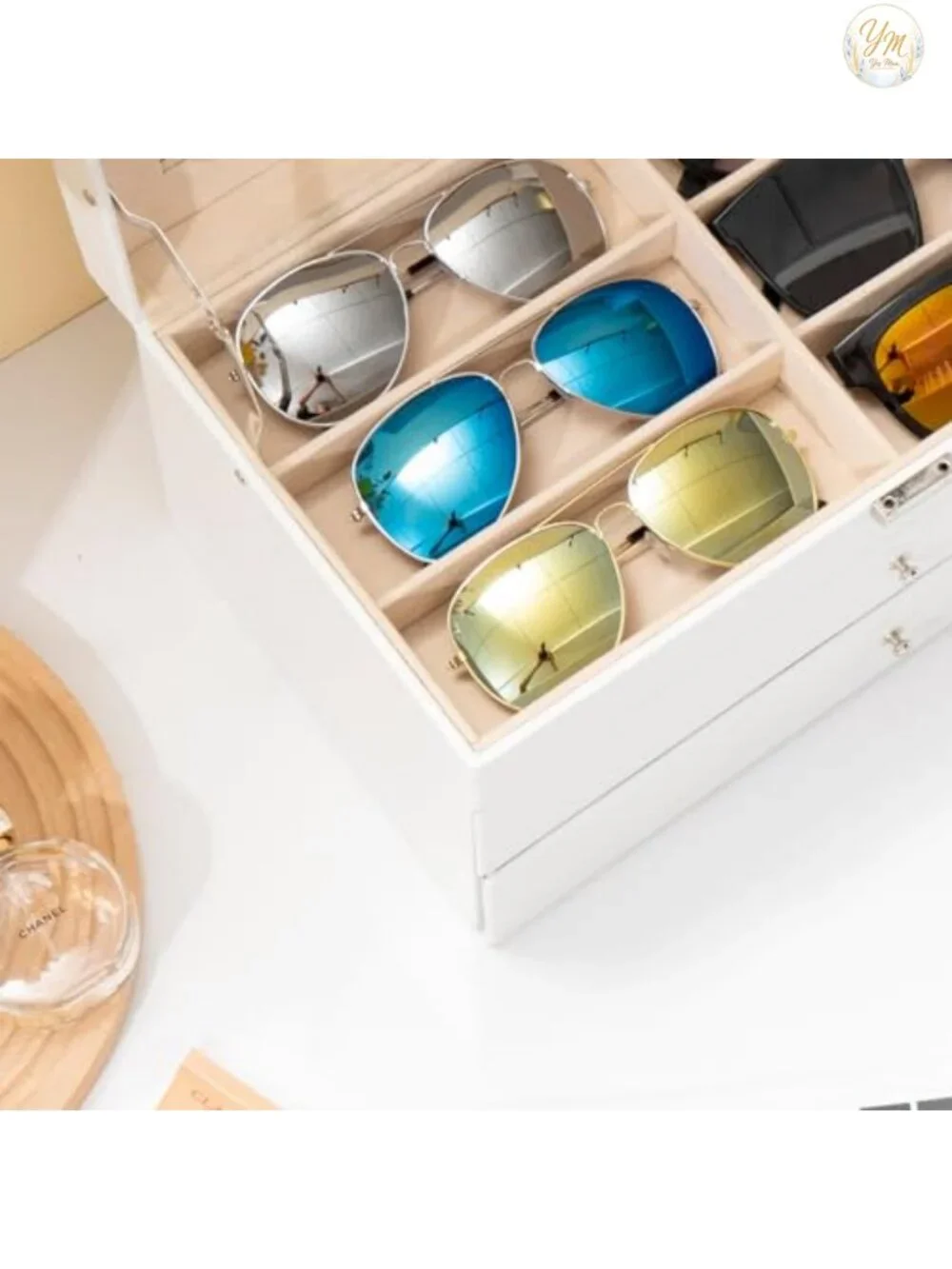 18-Slot Sunglass Storage Organizer with Removable Drawers, PU Leather Box Case